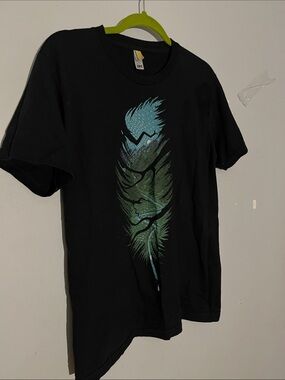 Fruit of the Loom Black Tee with Blue-Green Feather Graphic